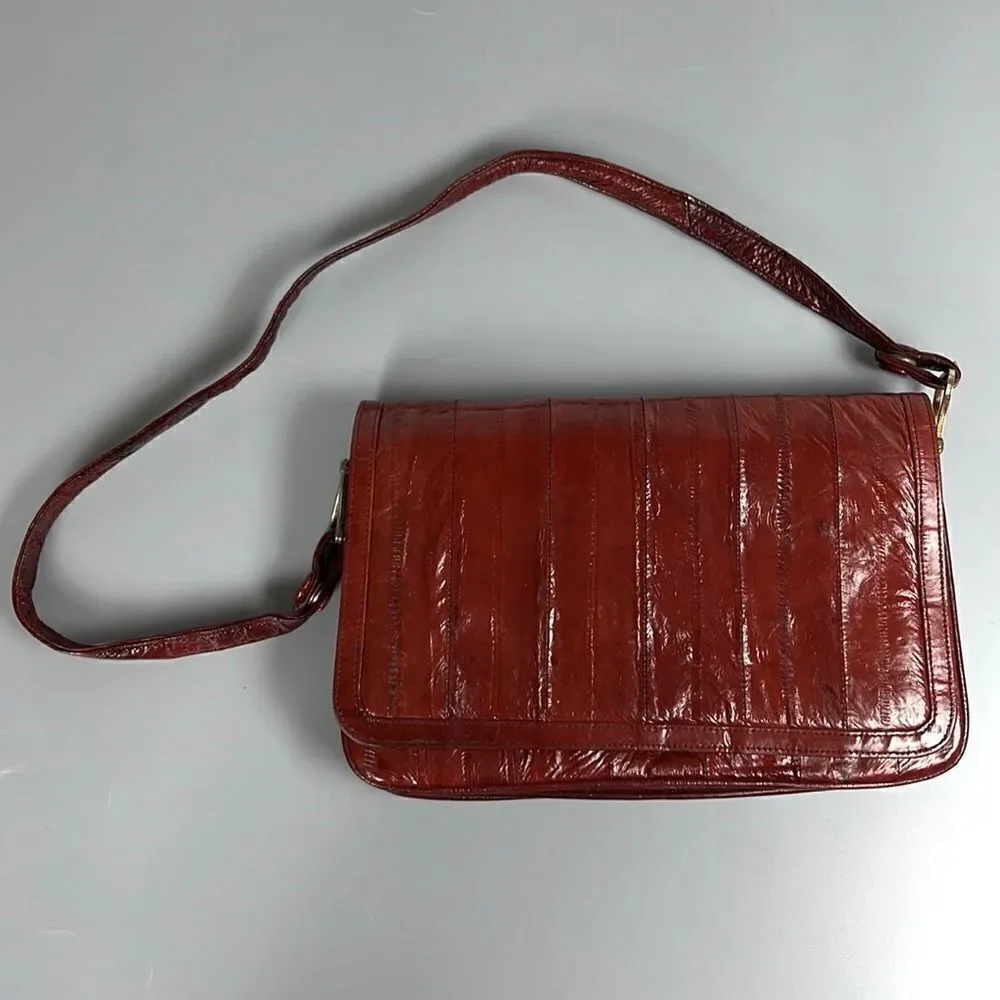 Vintage Real Eel Skin Maroon Clutch Shoulder Bag Purse